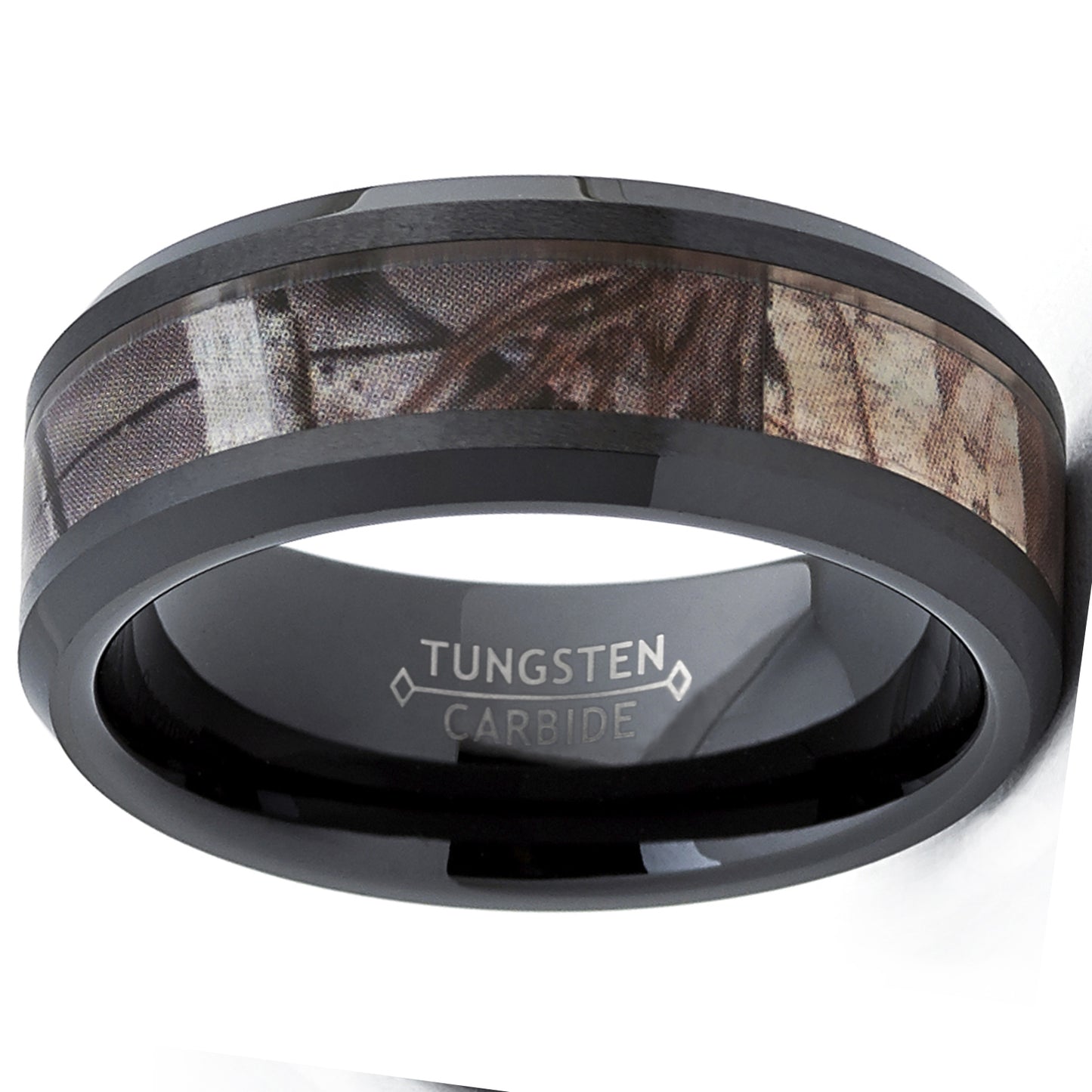 Black Tungsten Men's Hunting Camo Ring, Comfort Fit Band, 8mm Sizes 5 to 15