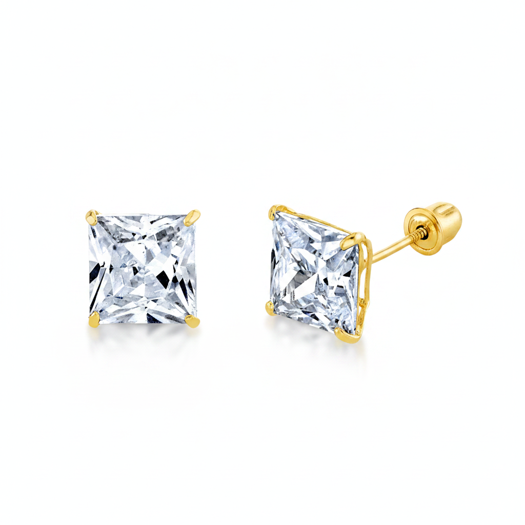Metal Masters 14K Solid Gold Princess-cut Moissanite Stud Earrings Screwback