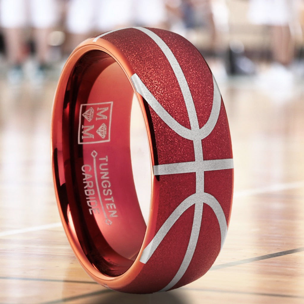 Men's Basketball Ring Band Tungsten Carbide Ball Sports Comfort-Fit 8MM