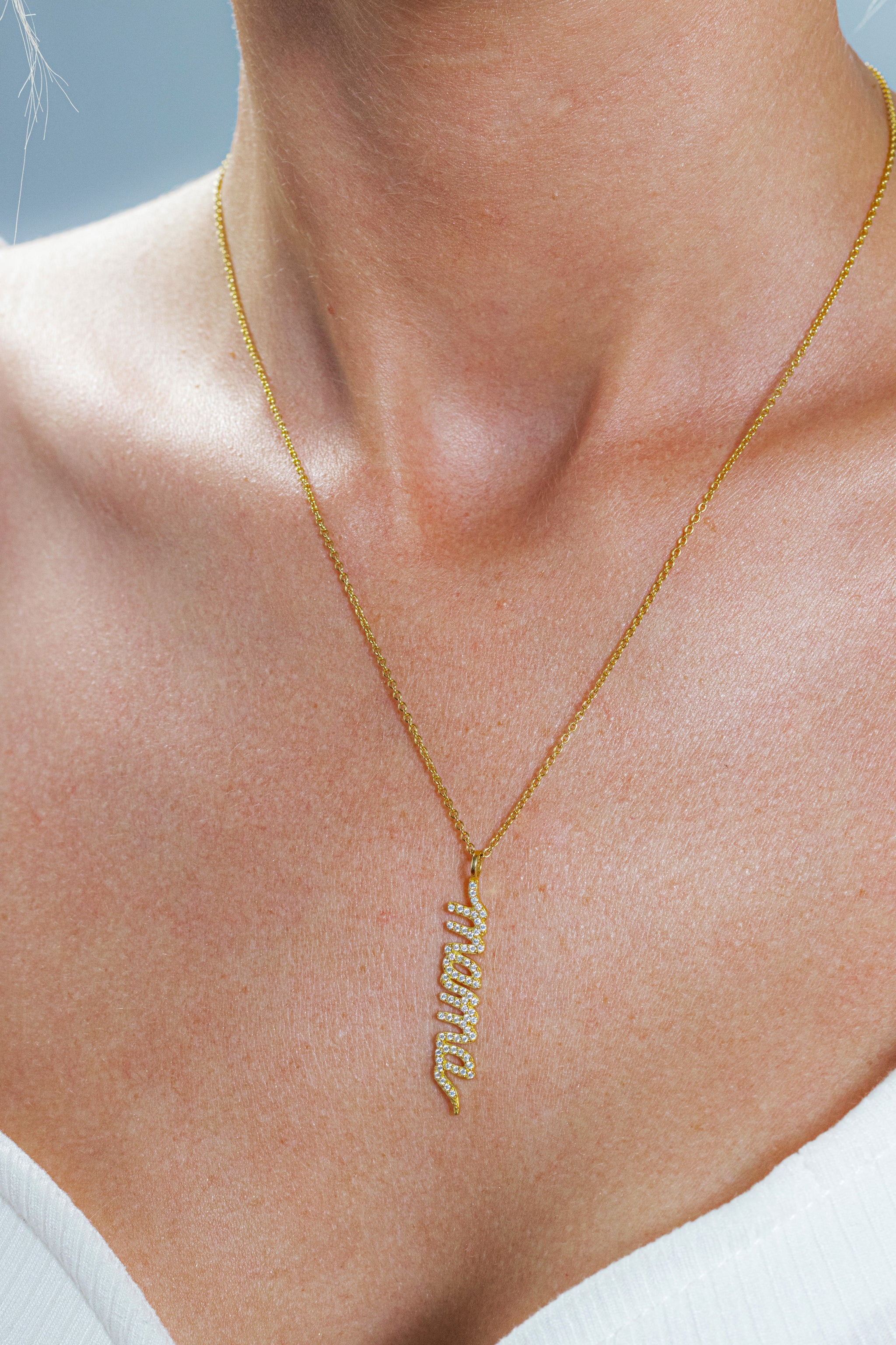 18K Yellow Gold Plated Silver .35 Ct. Moissanite "Mama" Pendant Necklace Adjustable 16"-18"