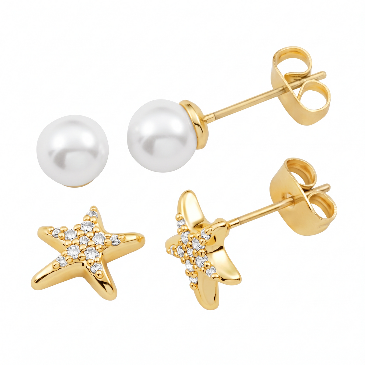 Metal Masters Womens 14K Gold Plated Dainty Layering Pearl and Starfish Duo Stack Stud Earrings Set Pushback
