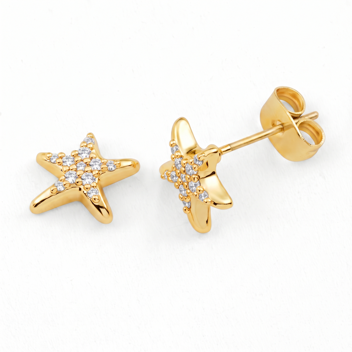 Metal Masters Womens 14K Gold Plated Dainty Layering Pearl and Starfish Duo Stack Stud Earrings Set Pushback