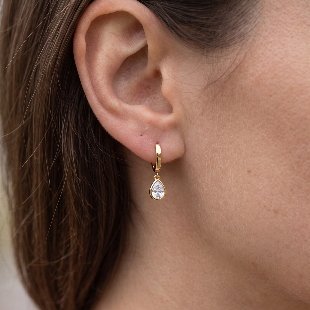 Metal Masters 14K Gold Plated Pear CZ Drop Huggie Hoop Earrings Dainty Sparkle