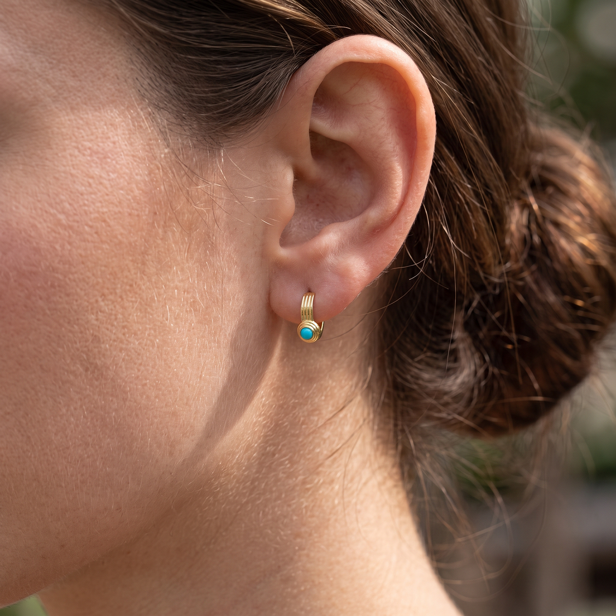 Metal Masters 14K Gold Plated Ribbed Turquoise Huggie Hoop Evil Eye Earrings for Women 6MM