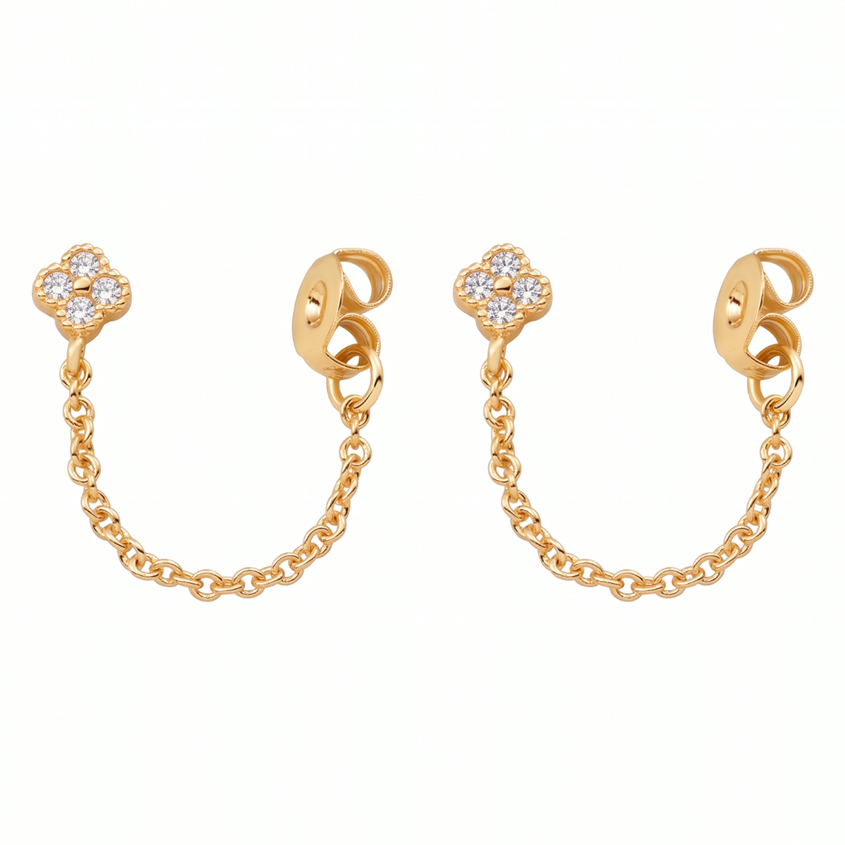Metal Masters 14K Gold Plated Mini Clover Stud Earrings Sparkle Chain Loop