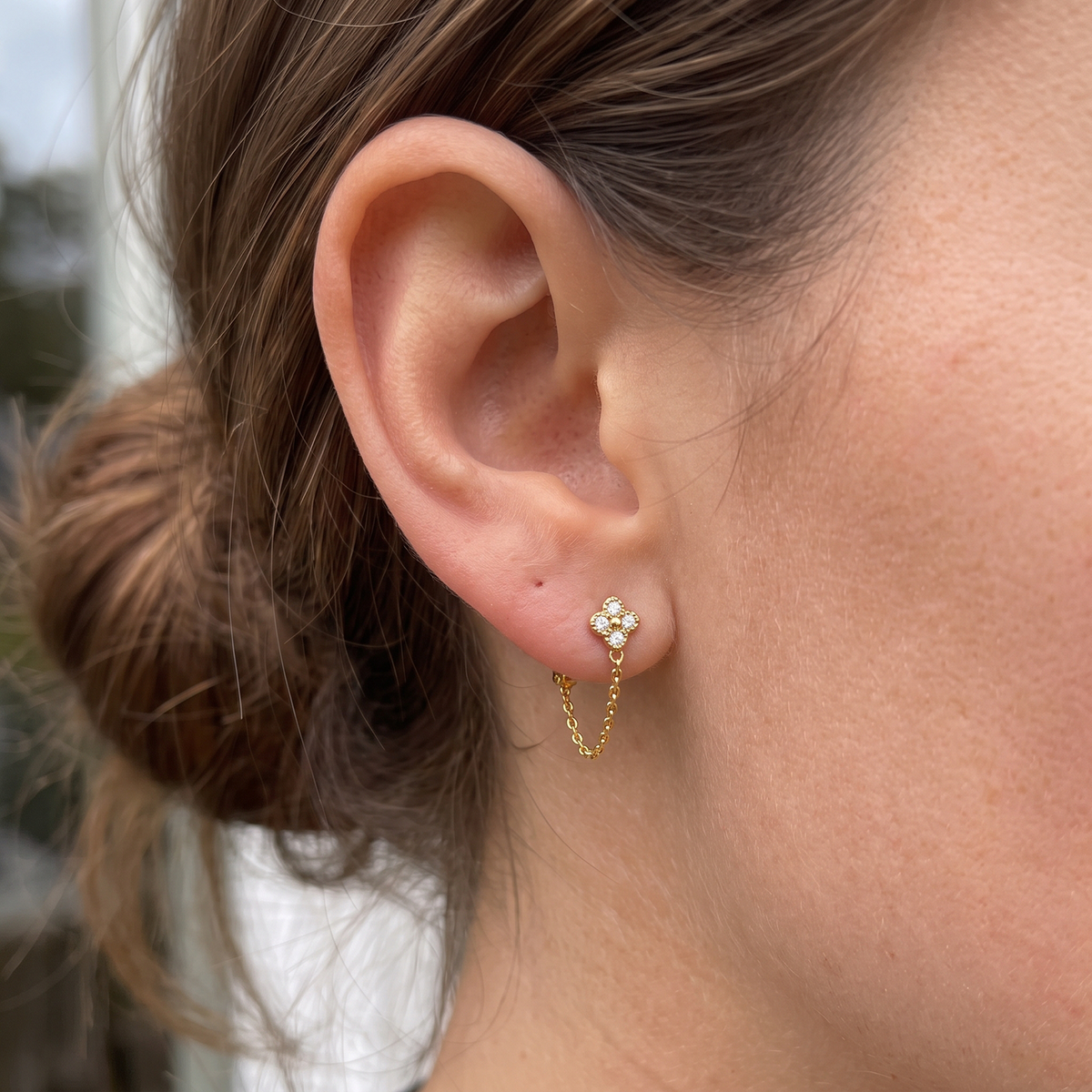 Metal Masters 14K Gold Plated Mini Clover Stud Earrings Sparkle Chain Loop