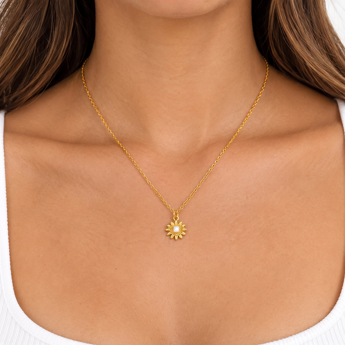 14K Gold Plated Daisy Flower Necklace for Women Waterproof with Adjustable 16-18 in Chain