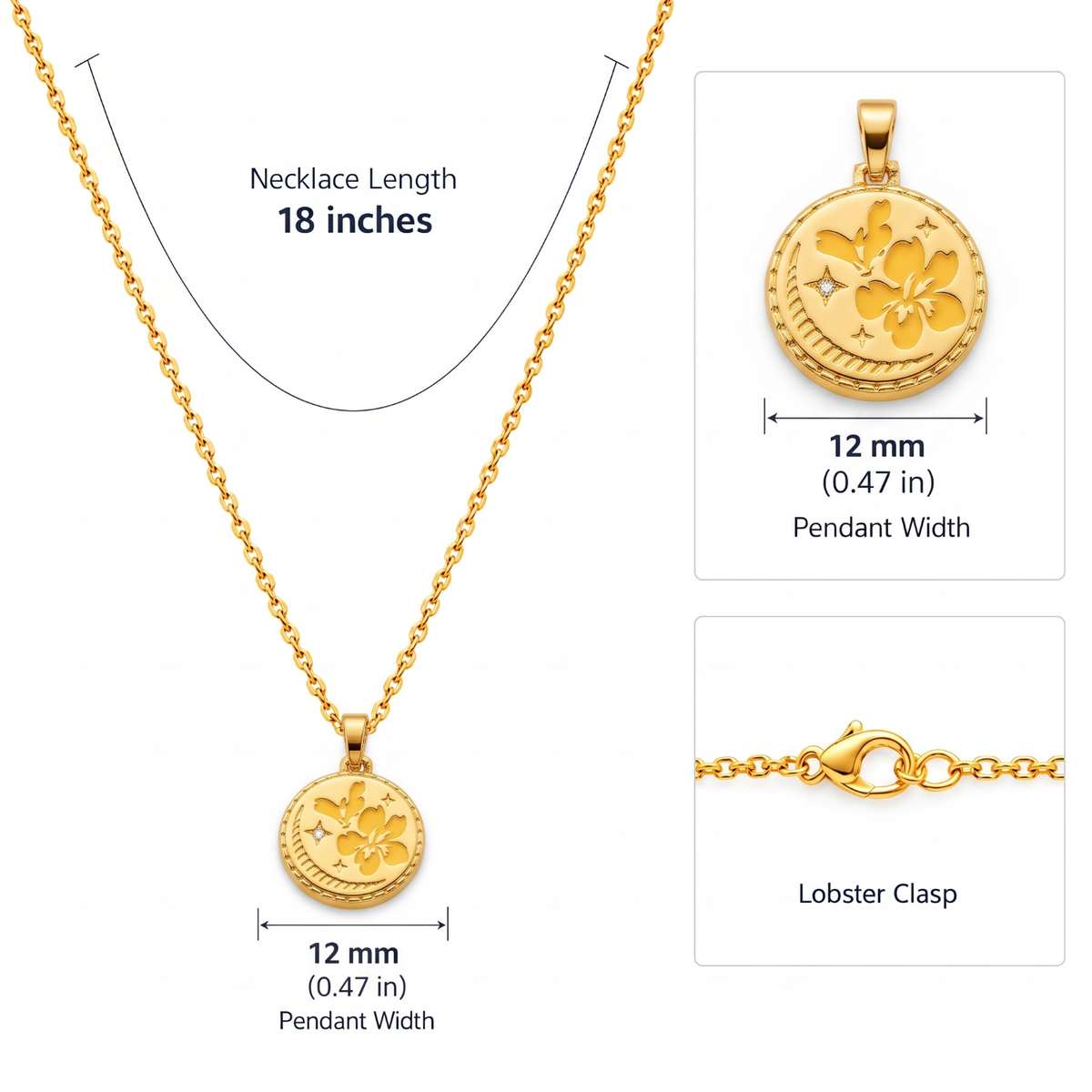 14K Gold Plated Dainty Hibiscus Enameled Necklace Pendant for Women with Adjustable 16-18 in Chain