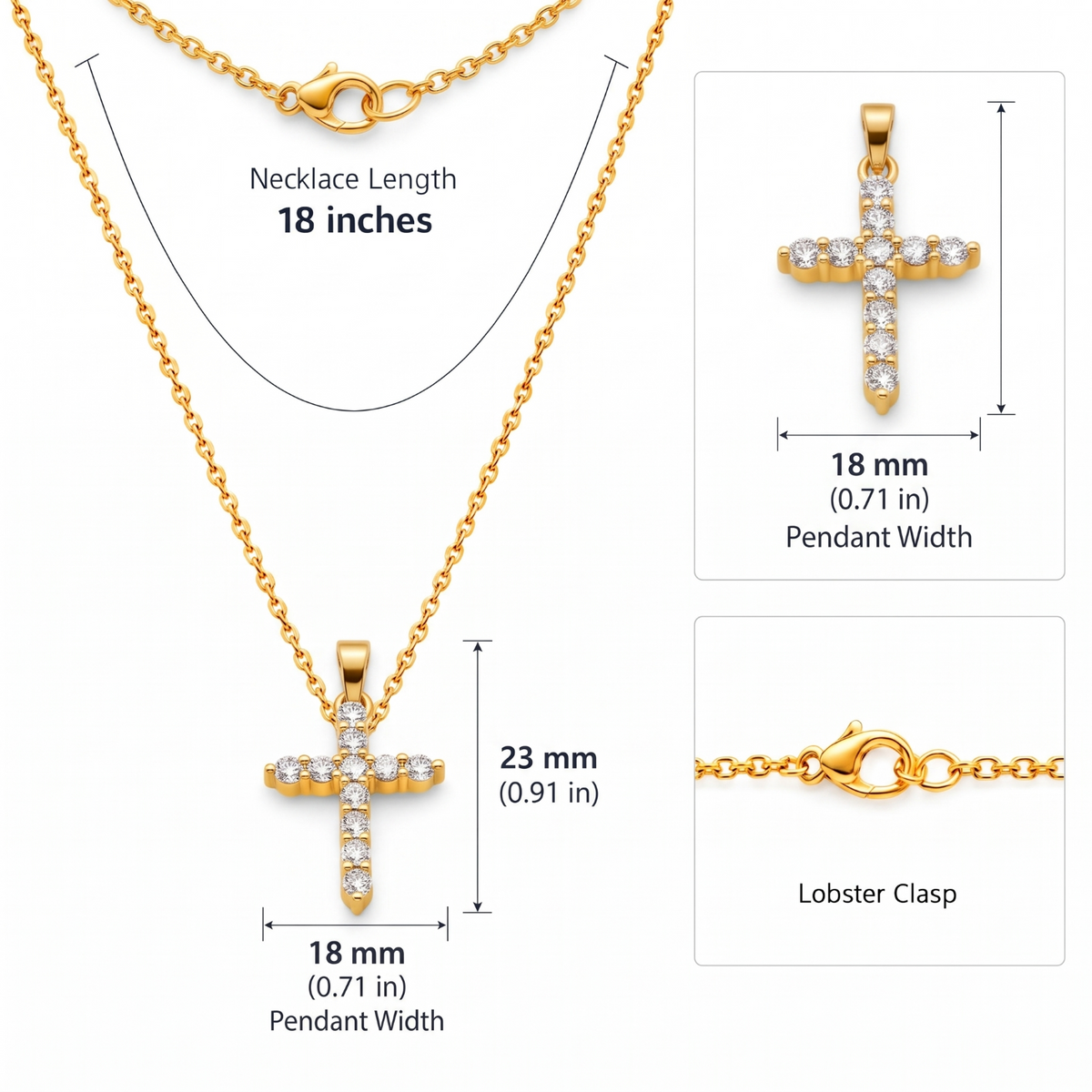 14K Gold Plated Cubic Zirconia Cross Faith Pendant Necklace for Women Waterproof Adjustable 16 to 18 in Chain