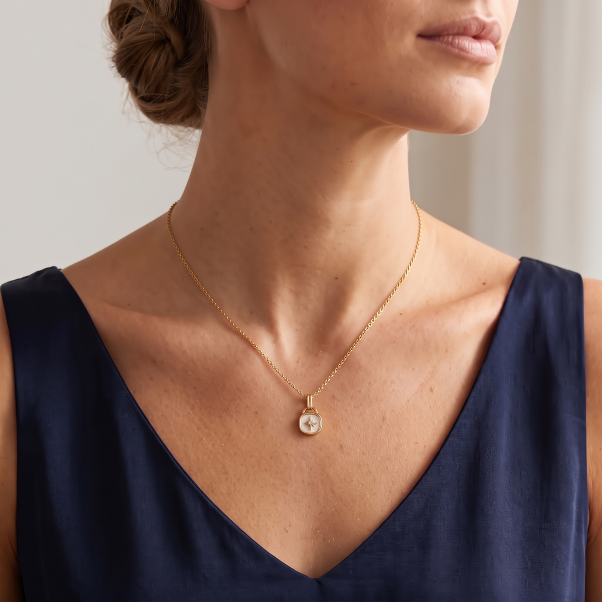 Dainty Mother of Pearl NorthStar Polaris Pendant Necklace for Women, 14K Gold Plated, Adjustable 16 to 18 in Chain