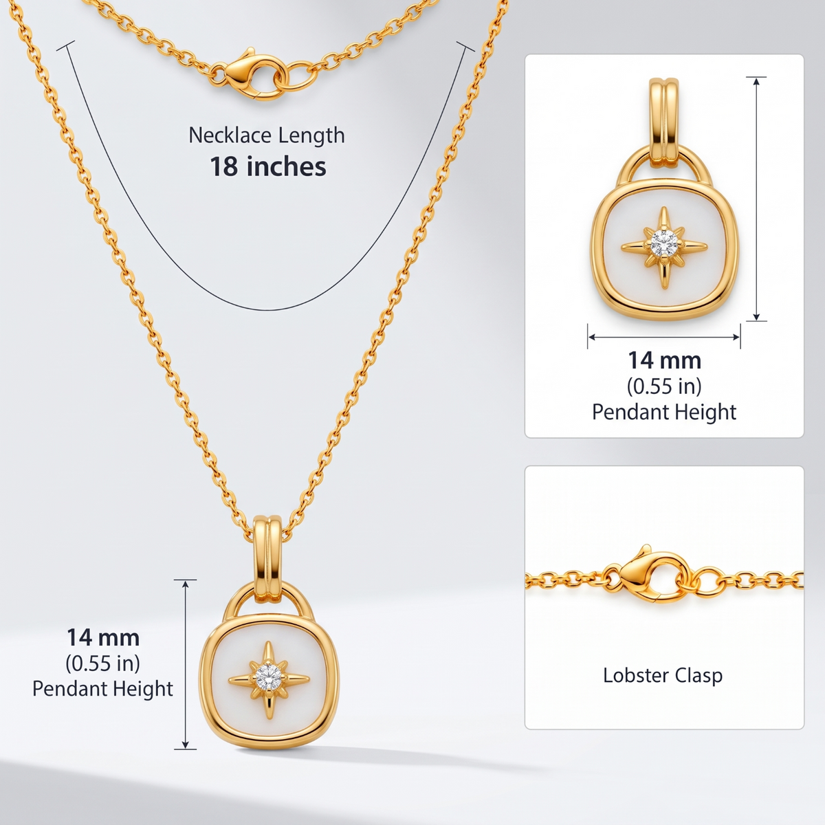 Dainty Mother of Pearl NorthStar Polaris Pendant Necklace for Women, 14K Gold Plated, Adjustable 16 to 18 in Chain