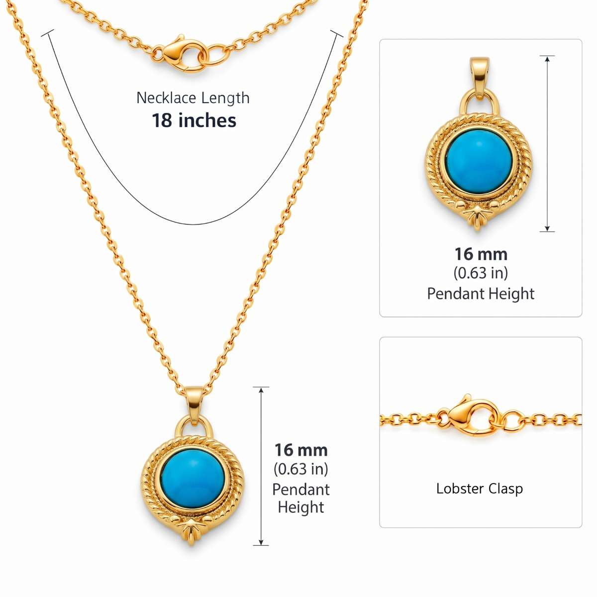 Metal Masters BoHo Cabochon Turquoise December Birthstone Pendant DaintyNecklace for Women, 14K Gold Plated, Adjustable 16 to 18 in Chain