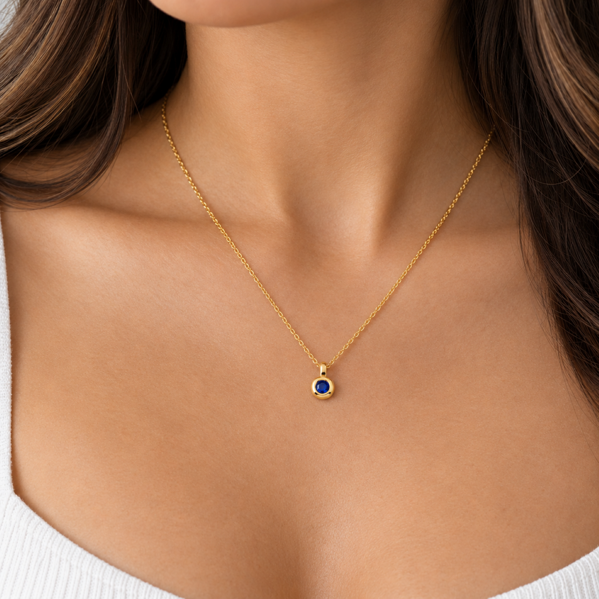 Metal Masters Dainty FreeForm Sapphire September Birthstone Pendant Necklace for Women, 14K Gold Plated, Adjustable 16 to 18 in Chain
