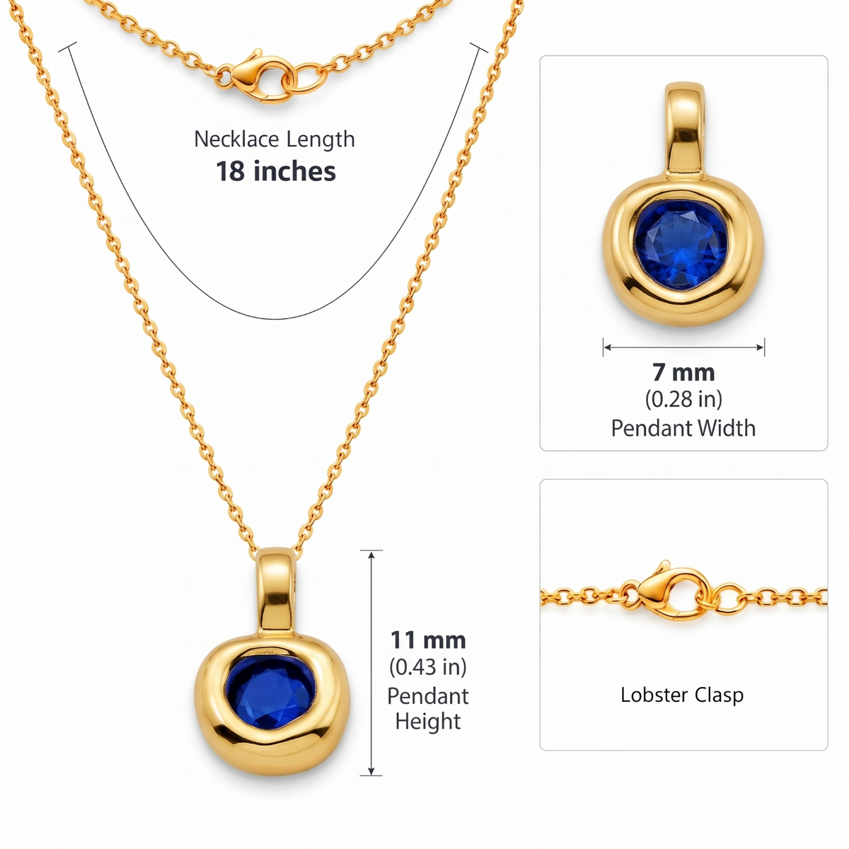 Metal Masters Dainty FreeForm Sapphire September Birthstone Pendant Necklace for Women, 14K Gold Plated, Adjustable 16 to 18 in Chain