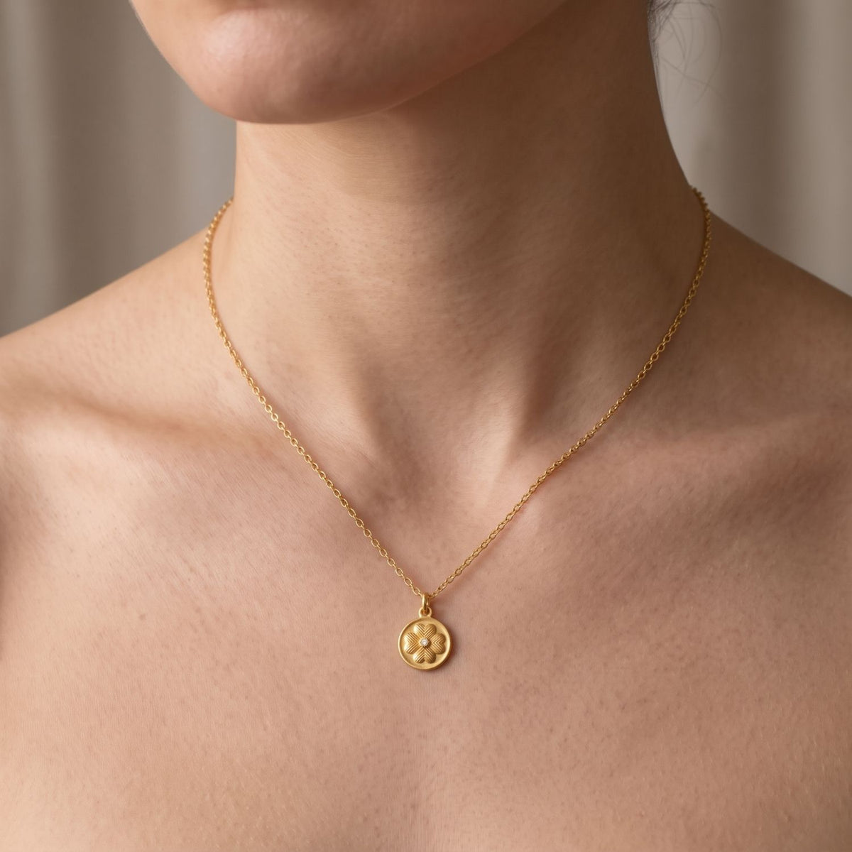 Metal Masters 14K Gold Plated Clover Necklace for Women, Dainty Satin Finish Clover Pendant with Adjustable 16 to 18 Inch Chain
