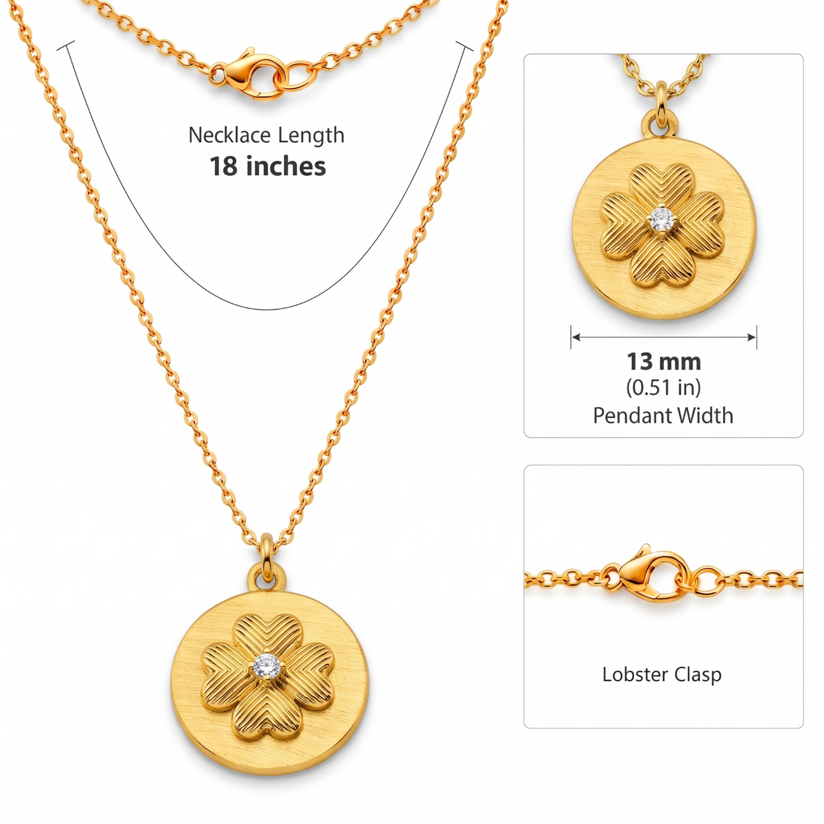 Metal Masters 14K Gold Plated Clover Necklace for Women, Dainty Satin Finish Clover Pendant with Adjustable 16 to 18 Inch Chain