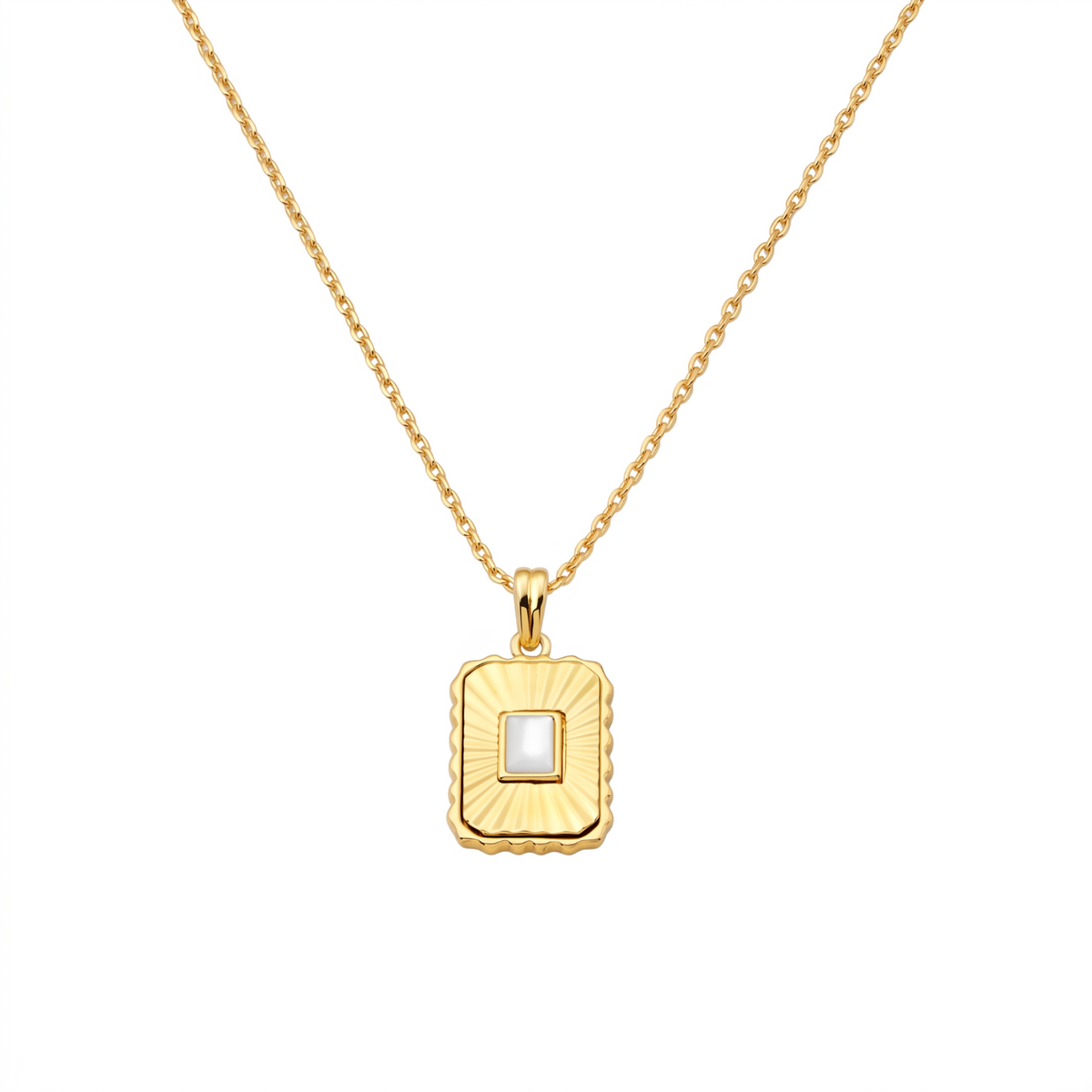 Metal Masters 14K Gold Plated Fluted Mother of Pearl Dog Tag Necklace for Women, Dainty Pendant Adjustable 16 to 18 Inch Chain