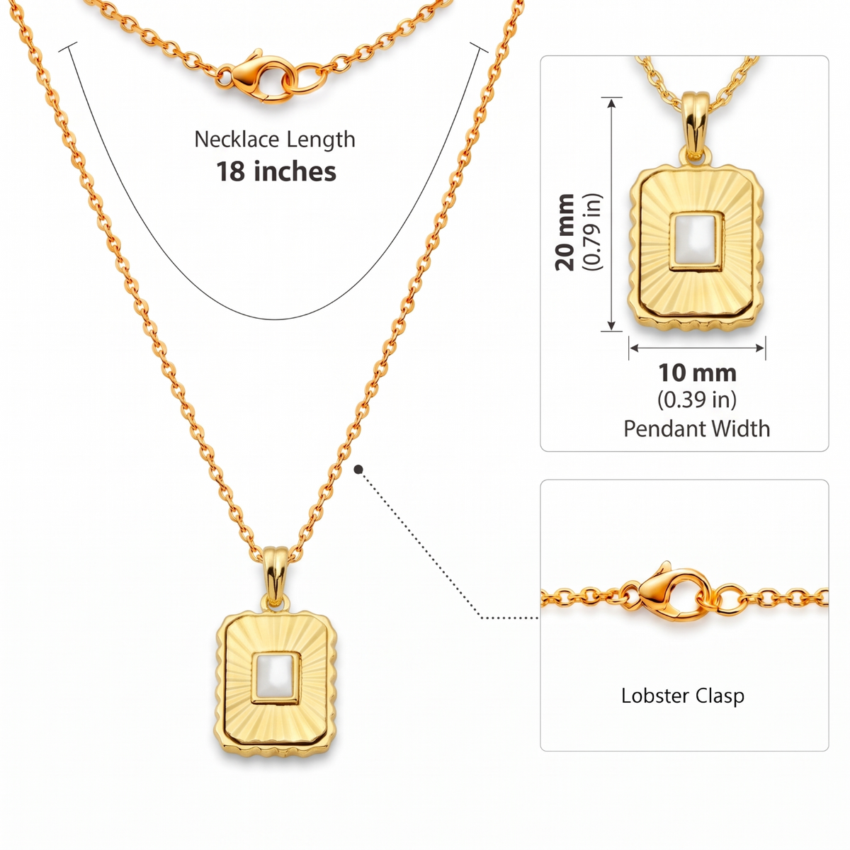 Metal Masters 14K Gold Plated Fluted Mother of Pearl Dog Tag Necklace for Women, Dainty Pendant Adjustable 16 to 18 Inch Chain