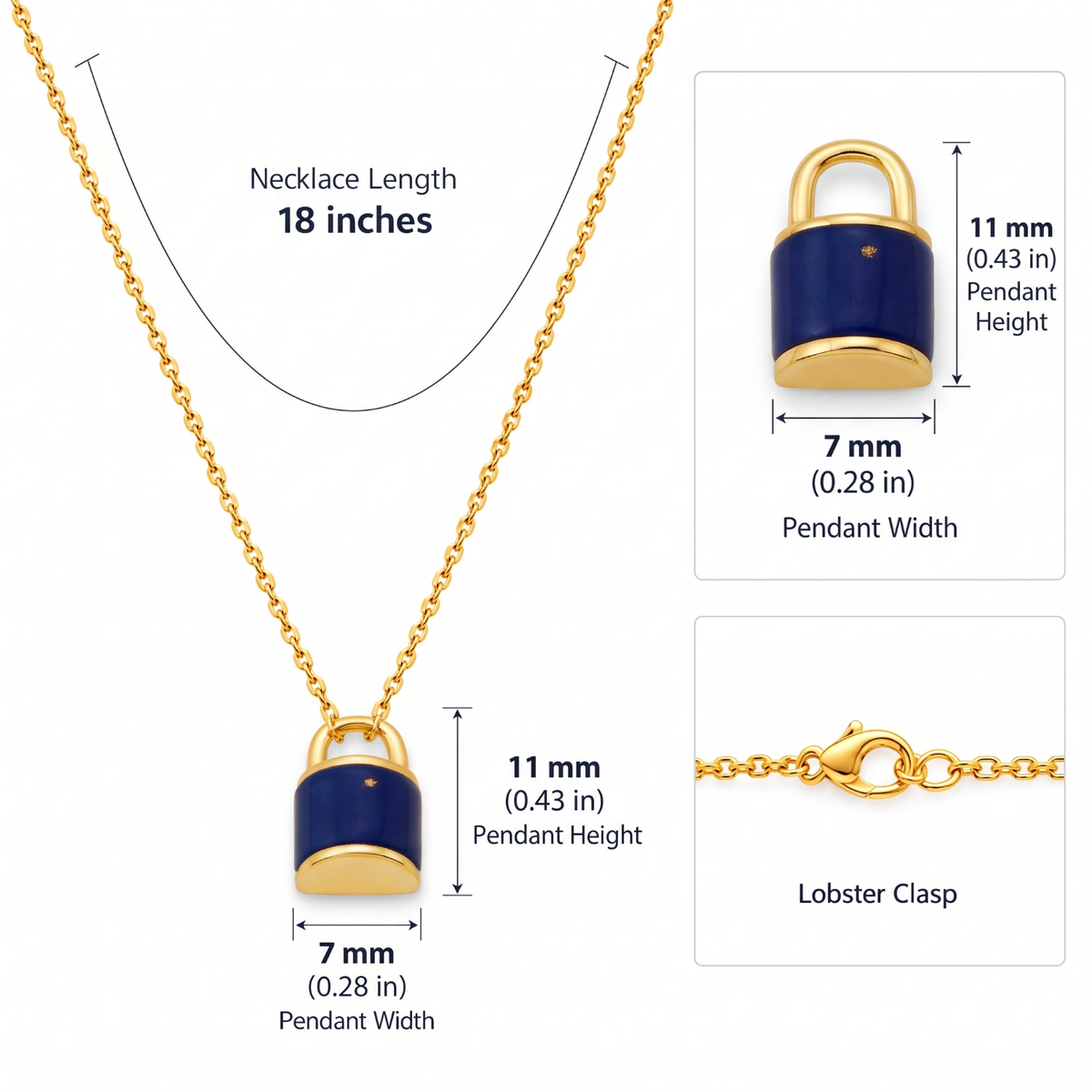 Metal Masters Dainty 14K Gold Plated Padlock Lapis Lazuli Pendant Necklace, Adjustable 16 to 18 Inch Chain
