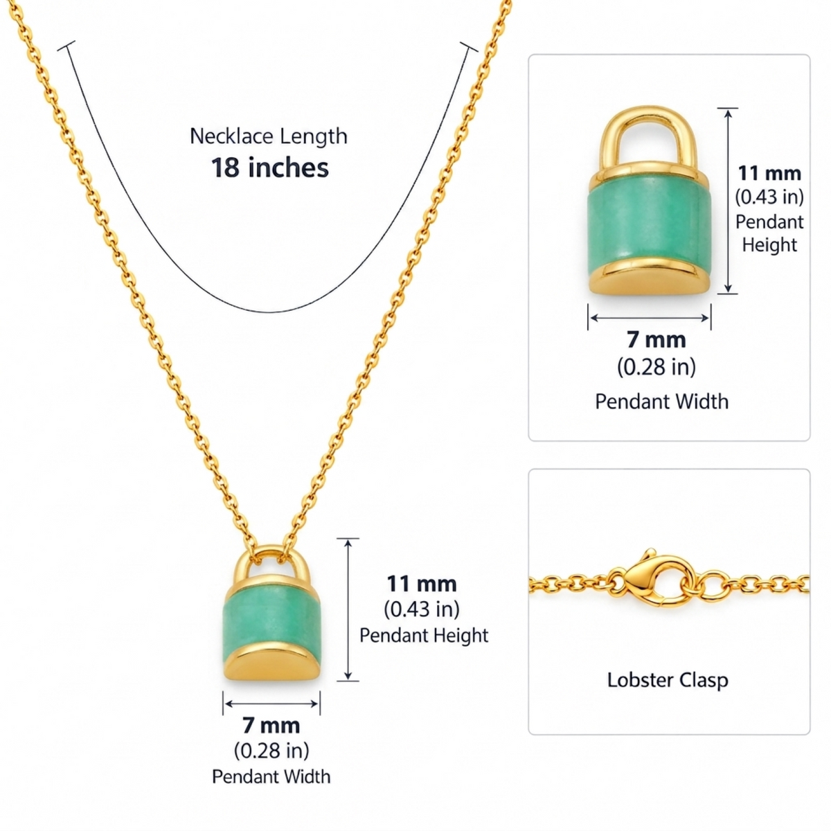 Metal Masters Dainty 14K Gold Plated Padlock Green Turquoise Pendant Necklace, Adjustable 16 to 18 Inch Chain
