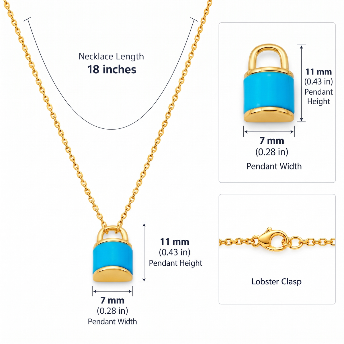 Metal Masters Dainty 14K Gold Plated Padlock Blue Turquoise Pendant Necklace, Adjustable 16 to 18 Inch Chain