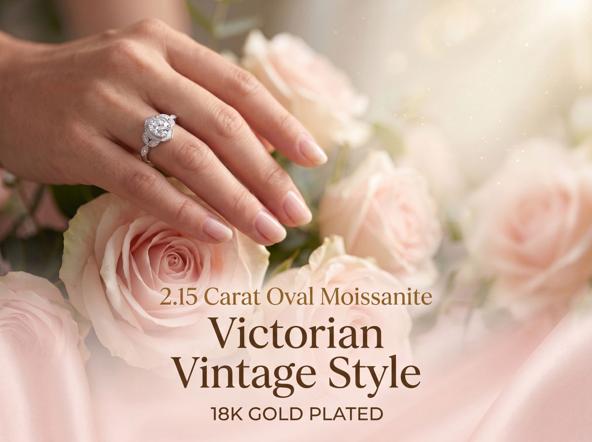 Metal Masters Womens 2.15 Carat Oval Moissanite Victorian Vintage Milgrain Engagement Ring 18K Gold Plated VVS D-Color