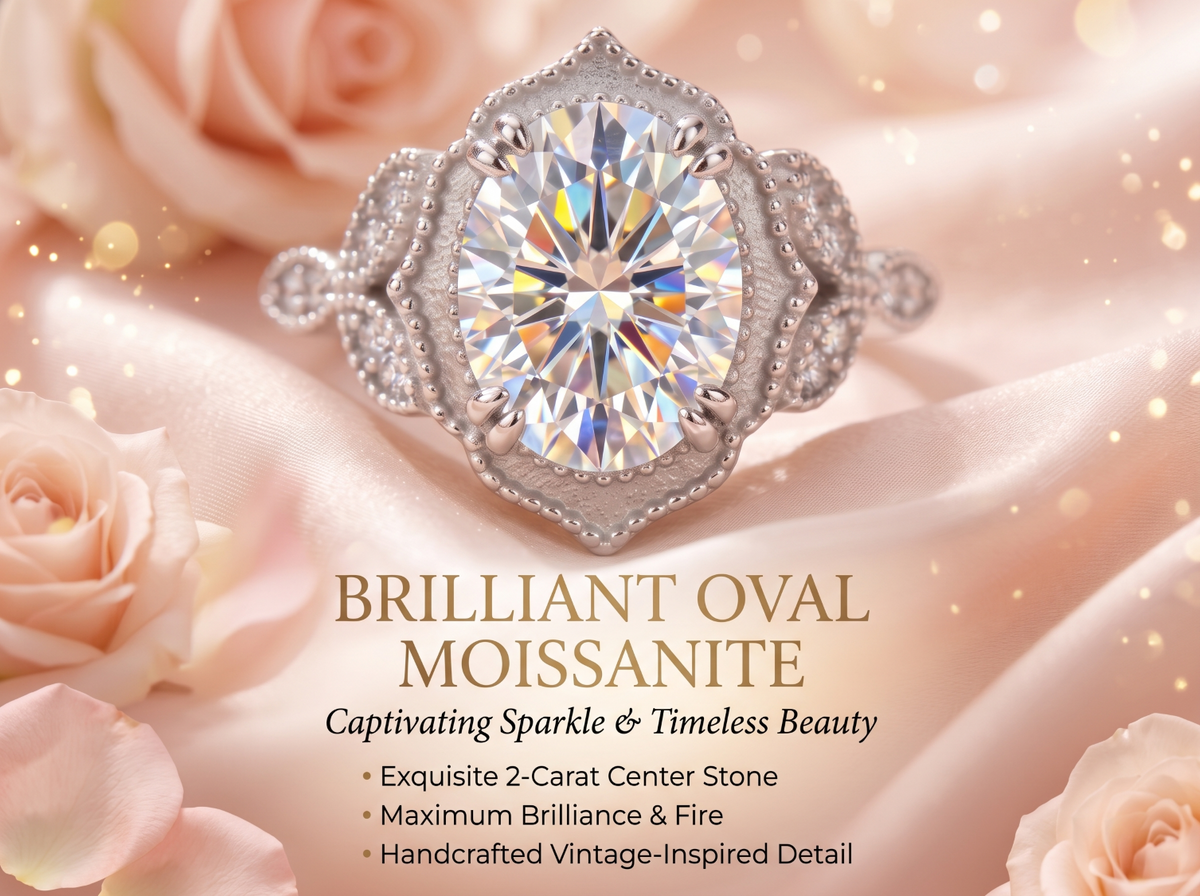 Metal Masters Womens 2.15 Carat Oval Moissanite Victorian Vintage Milgrain Engagement Ring 18K Gold Plated VVS D-Color