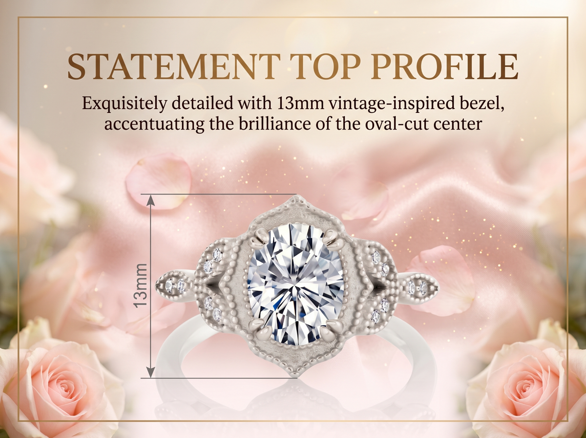 Metal Masters Womens 2.15 Carat Oval Moissanite Victorian Vintage Milgrain Engagement Ring 18K Gold Plated VVS D-Color