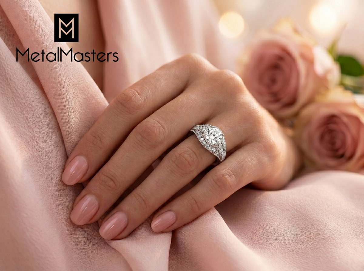 Metal Masters Womens 1.75 CTW Moissanite Vintage Engagement Band Ring 18K Gold Plated VVS D-Color Edwardian Milgrain Contoured