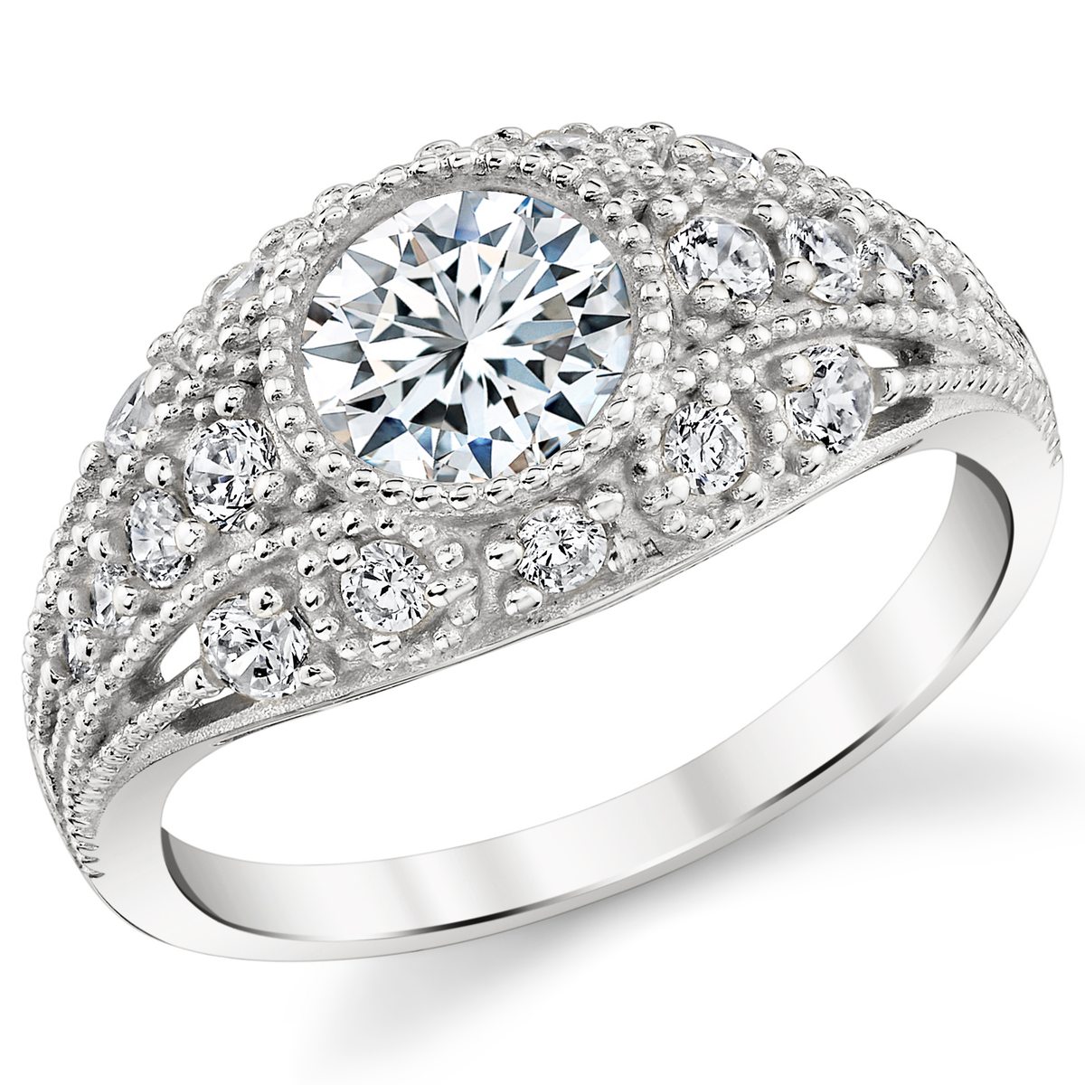Metal Masters Womens 1.75 CTW Moissanite Vintage Engagement Band Ring 18K Gold Plated VVS D-Color Edwardian Milgrain Contoured