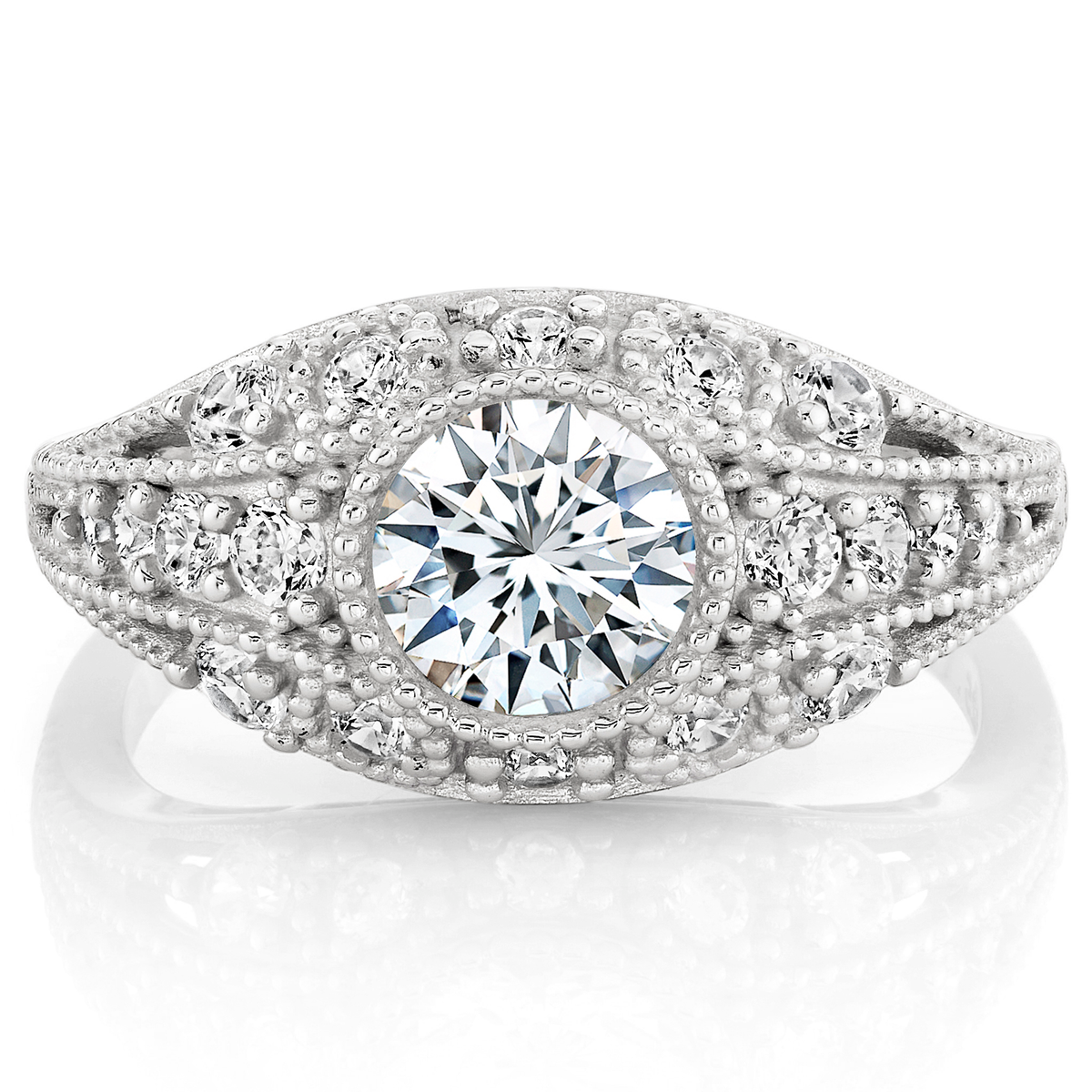 Metal Masters Womens 1.75 CTW Moissanite Vintage Engagement Band Ring 18K Gold Plated VVS D-Color Edwardian Milgrain Contoured