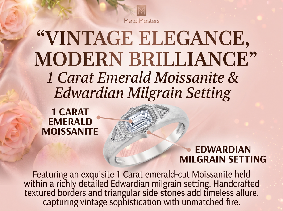 Metal Masters Womens 1 Carat Emerald Moissanite Engagement Ring Vintage Edwardian 18K Gold Plated Ring Dainty Trillion Frosted