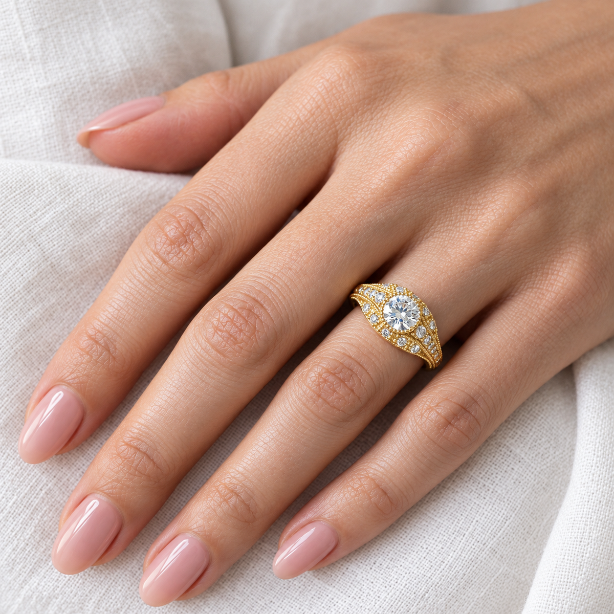 Metal Masters Womens 1.75 CTW Moissanite Vintage Engagement Band Ring 18K Gold Plated VVS D-Color Edwardian Milgrain Contoured