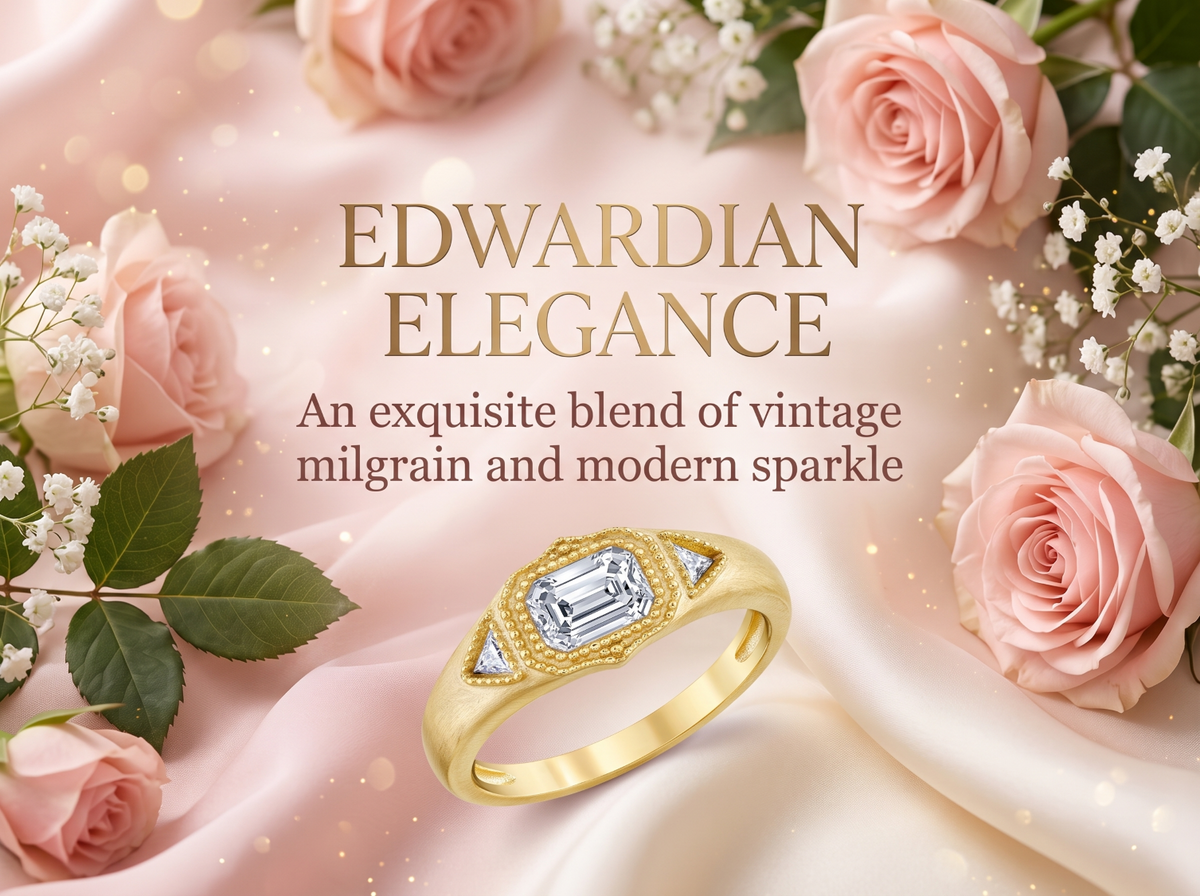 Metal Masters Womens 1 Carat Emerald Moissanite Engagement Ring Vintage Edwardian 18K Gold Plated Ring Dainty Trillion Frosted