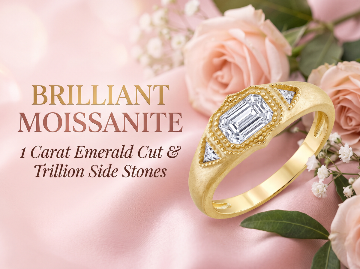 Metal Masters Womens 1 Carat Emerald Moissanite Engagement Ring Vintage Edwardian 18K Gold Plated Ring Dainty Trillion Frosted