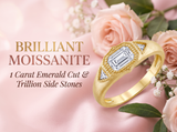 Metal Masters Womens 1 Carat Emerald Moissanite Engagement Ring Vintage Edwardian 18K Gold Plated Ring Dainty Trillion Frosted