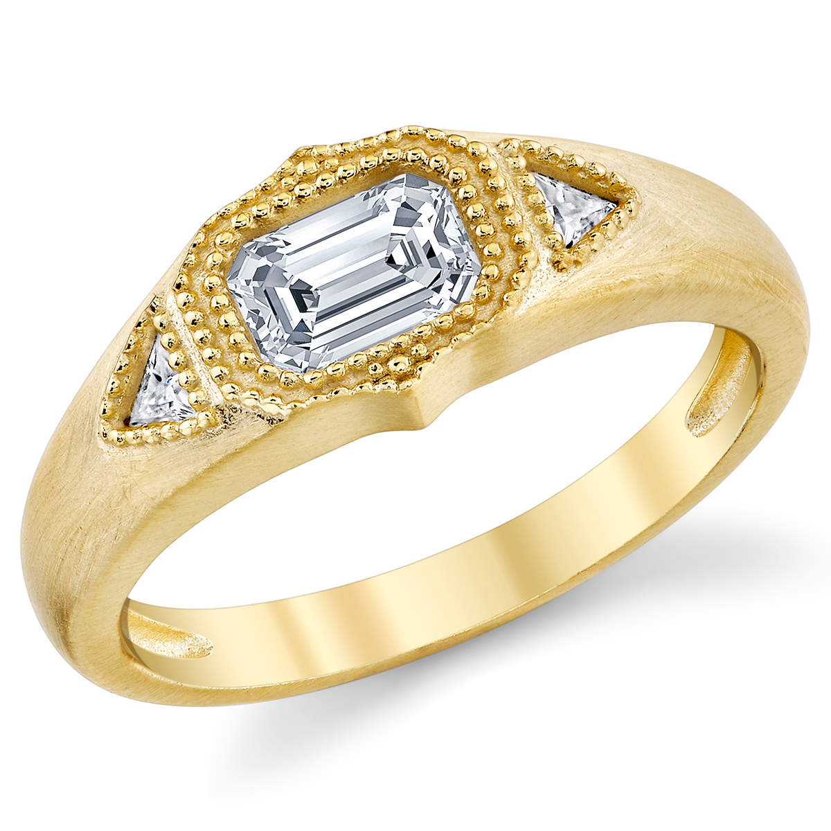 Metal Masters Womens 1 Carat Emerald Moissanite Engagement Ring Vintage Edwardian 18K Gold Plated Ring Dainty Trillion Frosted