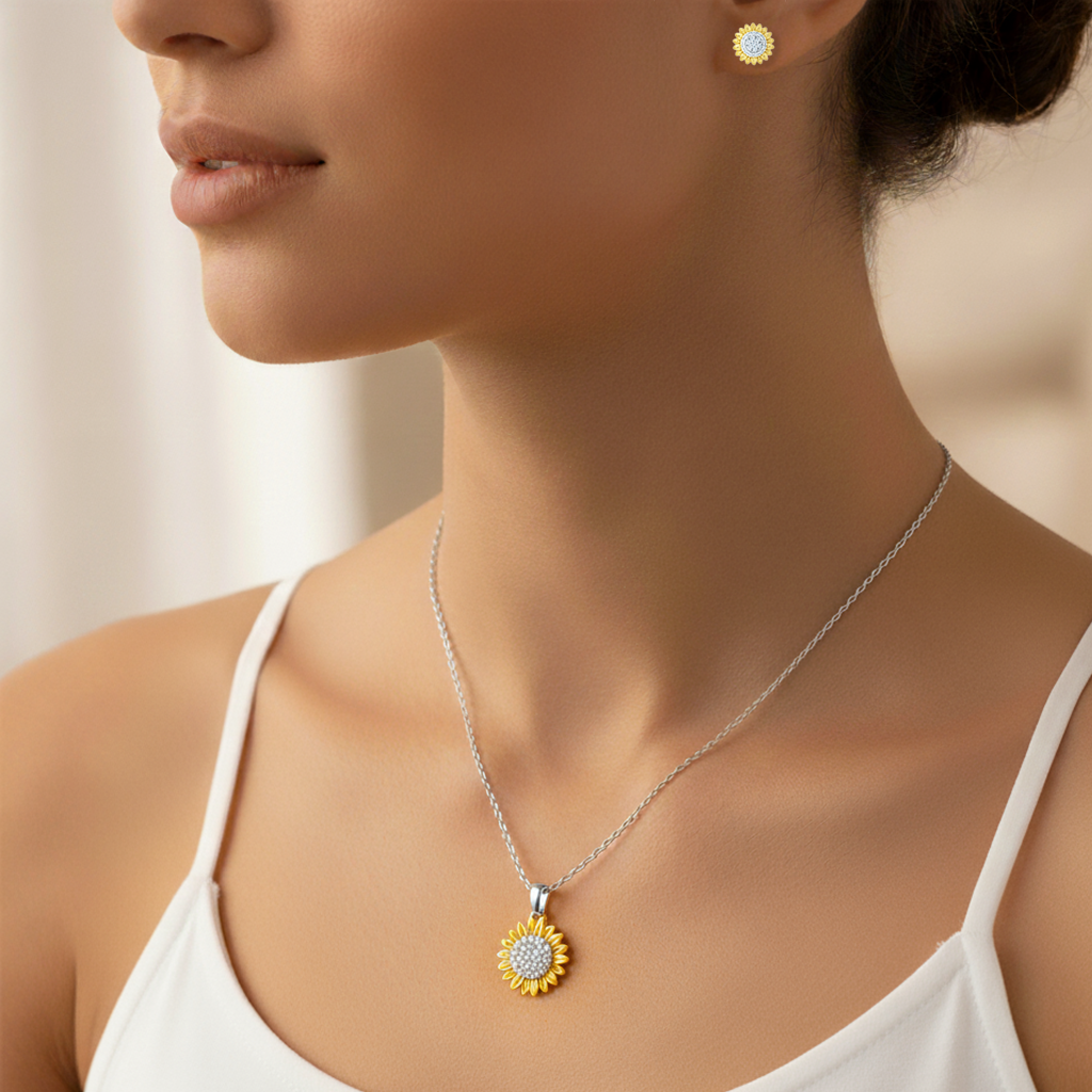 Womens 14K Gold Plated Sun Flower Pendant Necklace & Earrings Set Cubic Zirconia Two-Tone Adjustable Chain