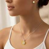 Womens 14K Gold Plated Sun Flower Pendant Necklace & Earrings Set Cubic Zirconia Two-Tone Adjustable Chain