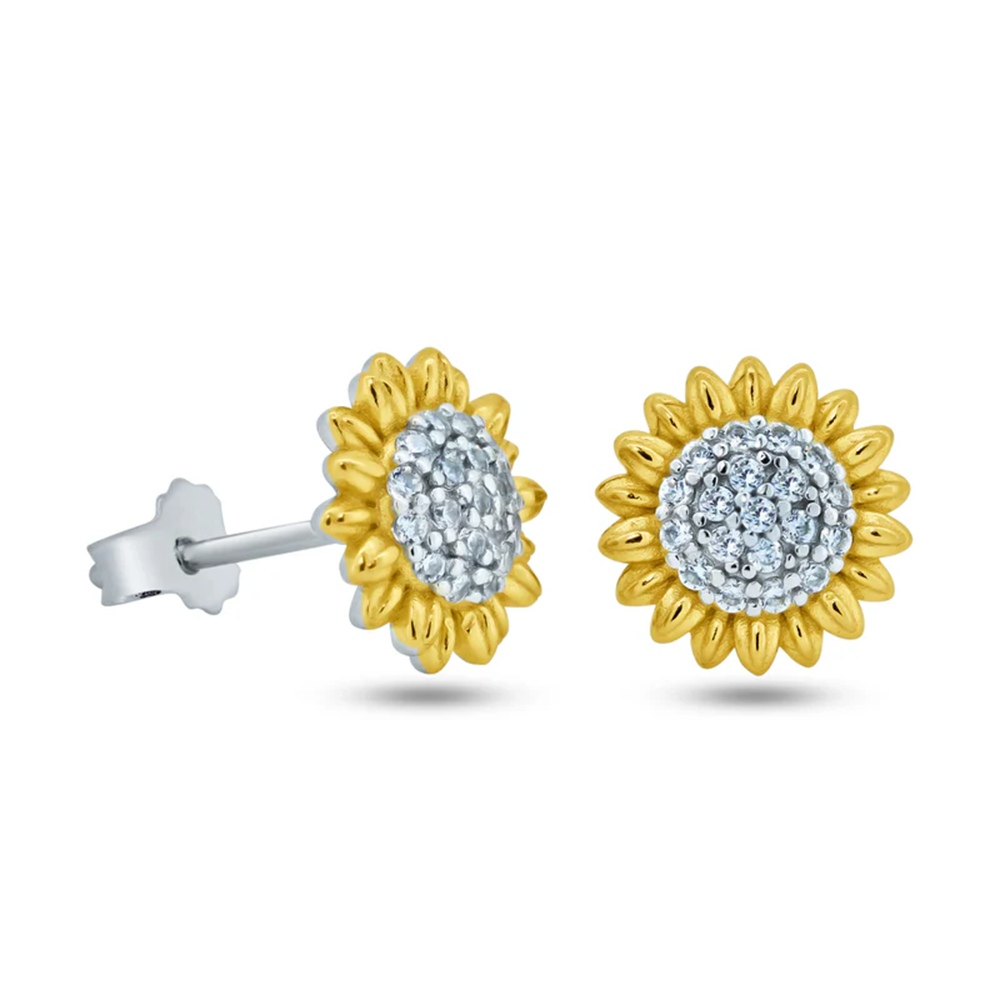 Womens 14K Gold Plated Sun Flower Pendant Necklace & Earrings Set Cubic Zirconia Two-Tone Adjustable Chain