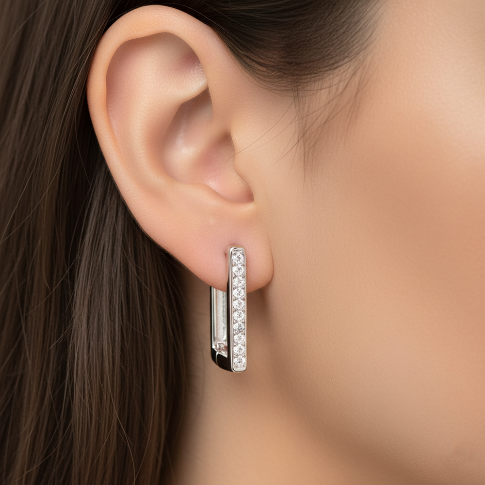 925 Sterling Silver Square Huggie Hoop Earrings .2Ct Cubic Zirconia