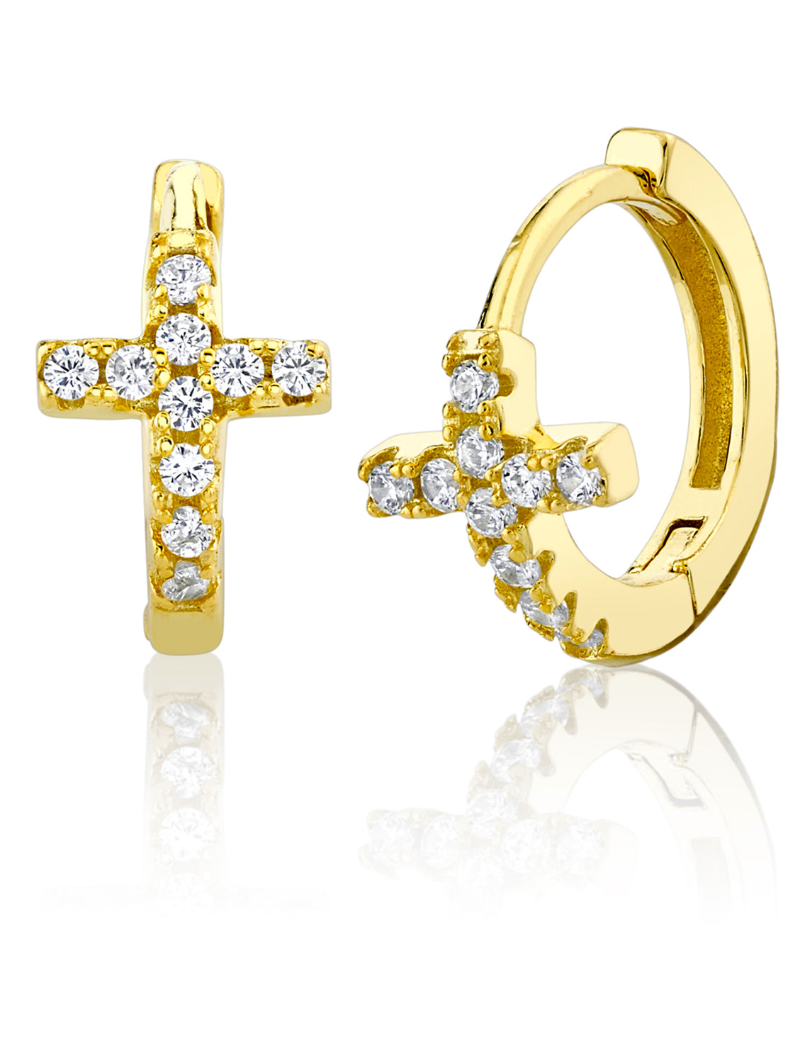 925 Sterling Silver Cross Goldtone Huggie Hoop Earrings Round CZ 6.5MM