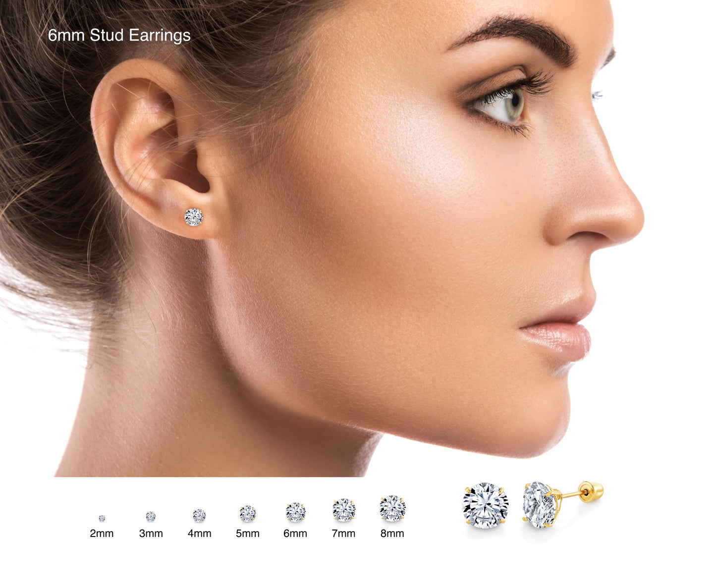 14K Solid Gold Round Stud Earrings Screwback CZ