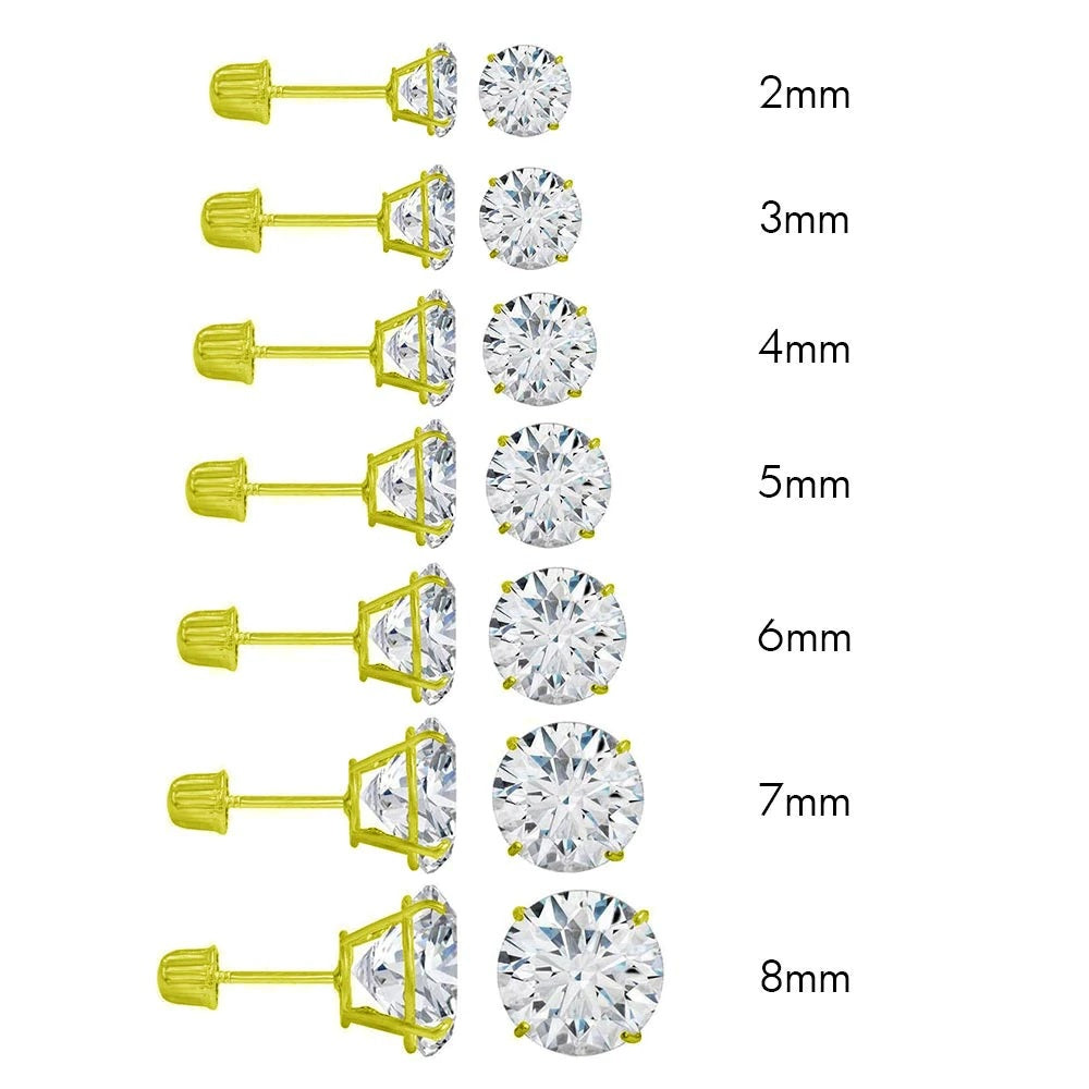 14K Solid Gold Round Stud Earrings Screwback CZ