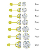 14K Solid Gold Round Stud Earrings Screwback CZ
