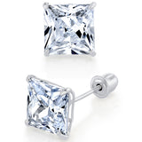 14K White Gold Stud Earrings Princess Screwback Cubic Zirconia CZ