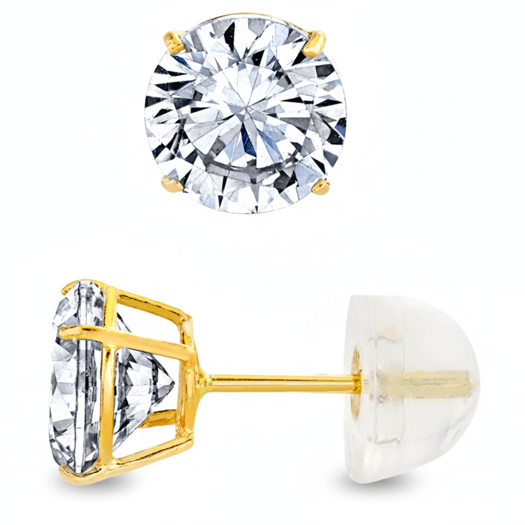 14K Solid Gold Round Stud Earrings Silicone Cubic Zirconia CZ