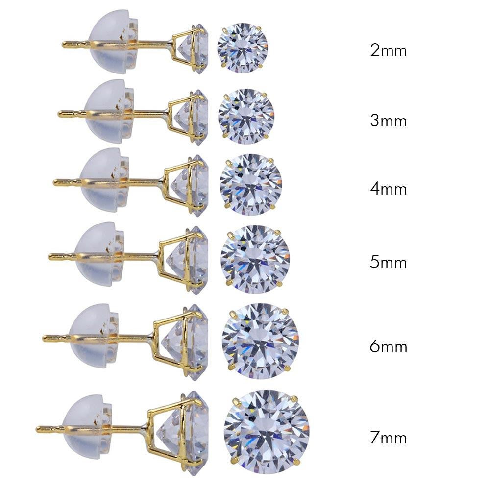 14K Solid Gold Round Stud Earrings Silicone Cubic Zirconia CZ