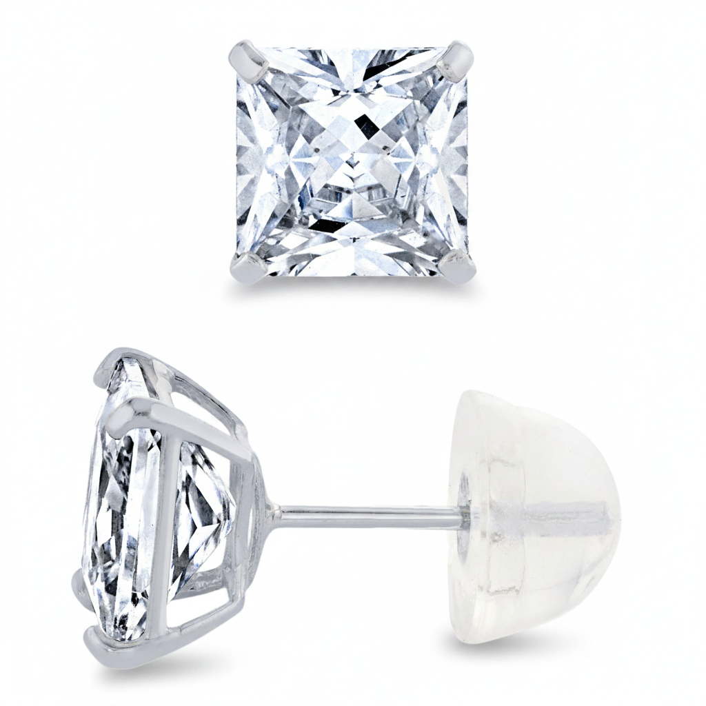 14K White Gold Stud Earrings Princess Silicone 2.5ct Cubic Zirconia CZ