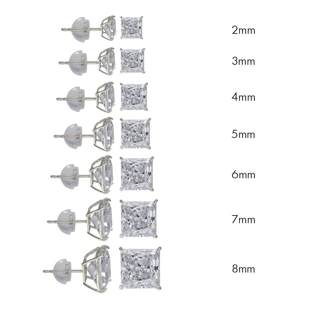 14K White Gold Stud Earrings Princess Silicone 2.5ct Cubic Zirconia CZ